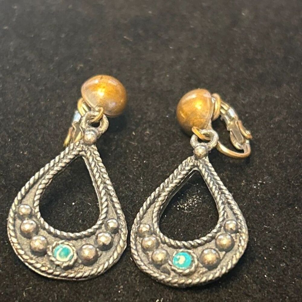 Vintage Silver Tone Clip-On Earrings with Turquoise Accent